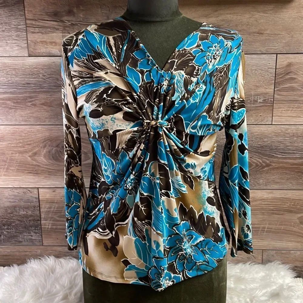 Josephine Studio Womens VNeck Blouse Top Size Small Teal Black Tan Floral